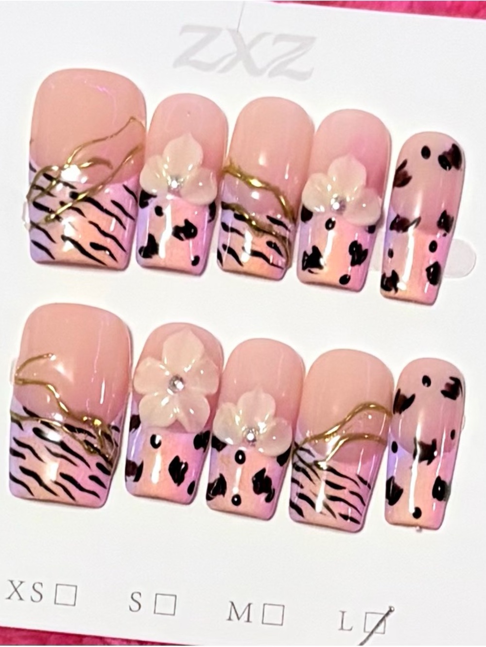 Pink Floral Leopard Press-On Nails with Gold Accent